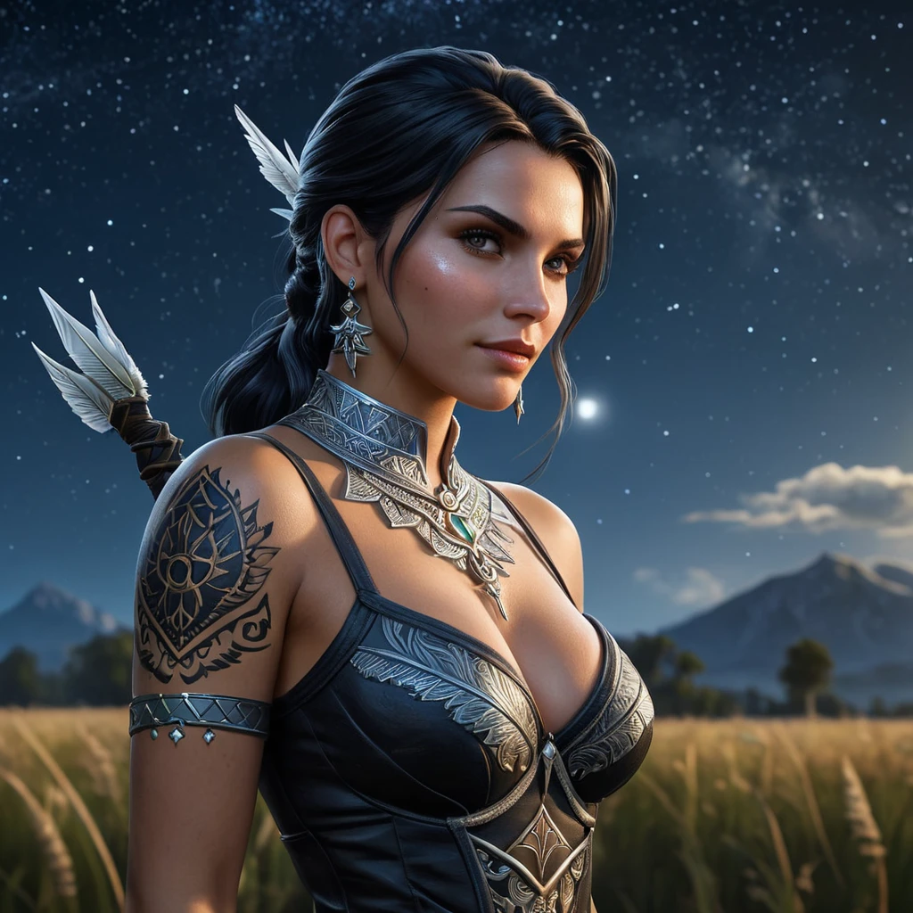 A breathtaking Nidalee from The Witcher 3, her skin adorned with intricate, celestial tattoos that glow with starlight, standing in a vast, open field under a clear night sky filled with countless stars.