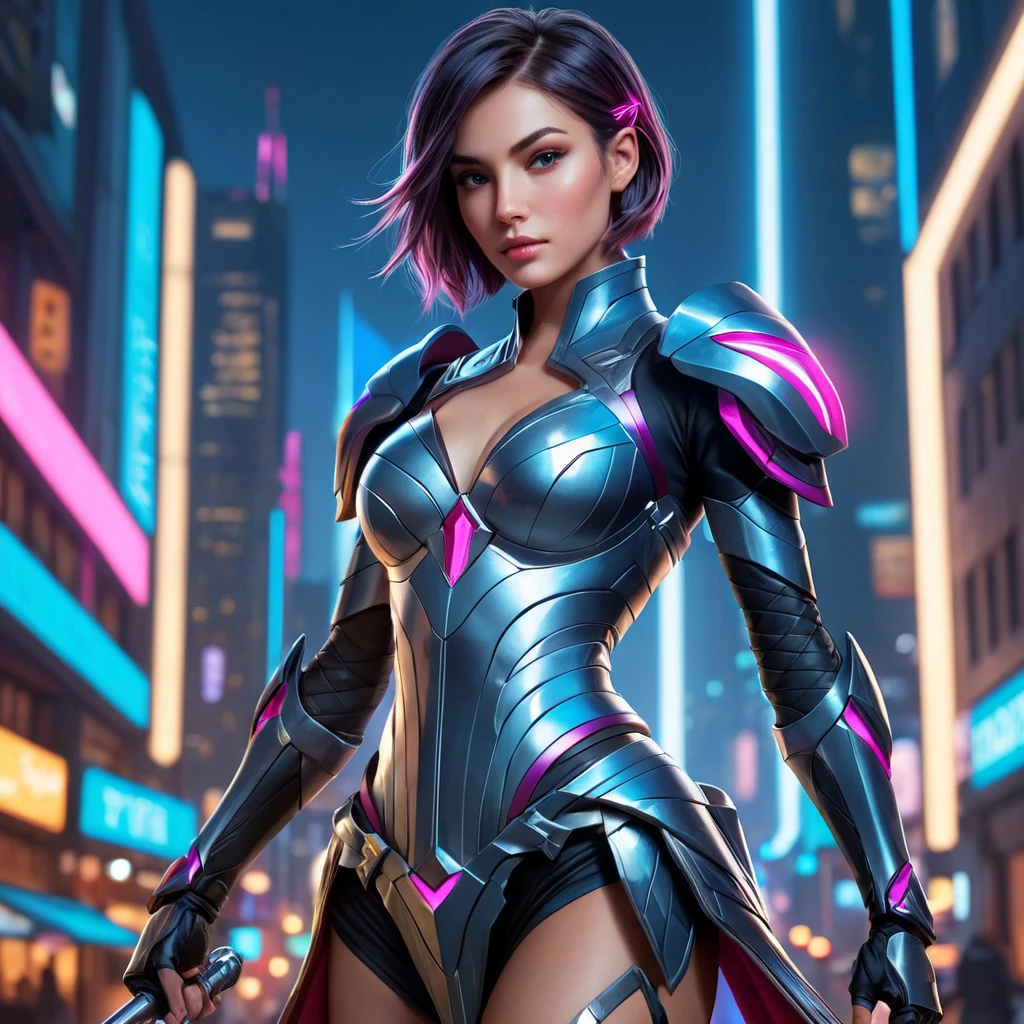 Fiora from League of Legends with geometric tattoos forming intricate patterns on her skin, standing in a futuristic cityscape with neon lights reflecting off her polished armor, her rapier ready for combat.