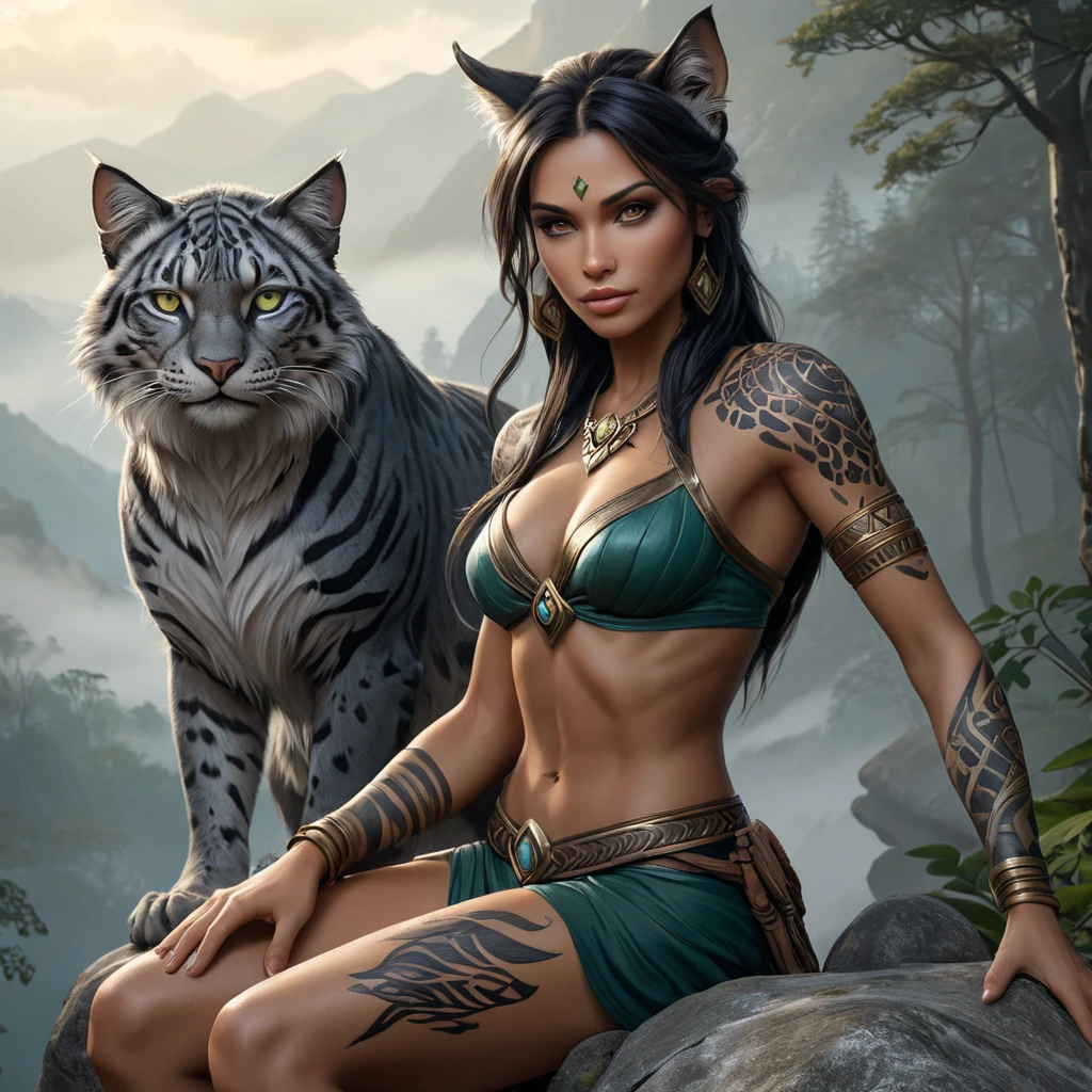 Nidalee, the fierce huntress, adorned with detailed animalistic tattoos that blend seamlessly with her feline features, perched on a rocky outcrop overlooking a misty forest, her eyes glowing with primal intensity.