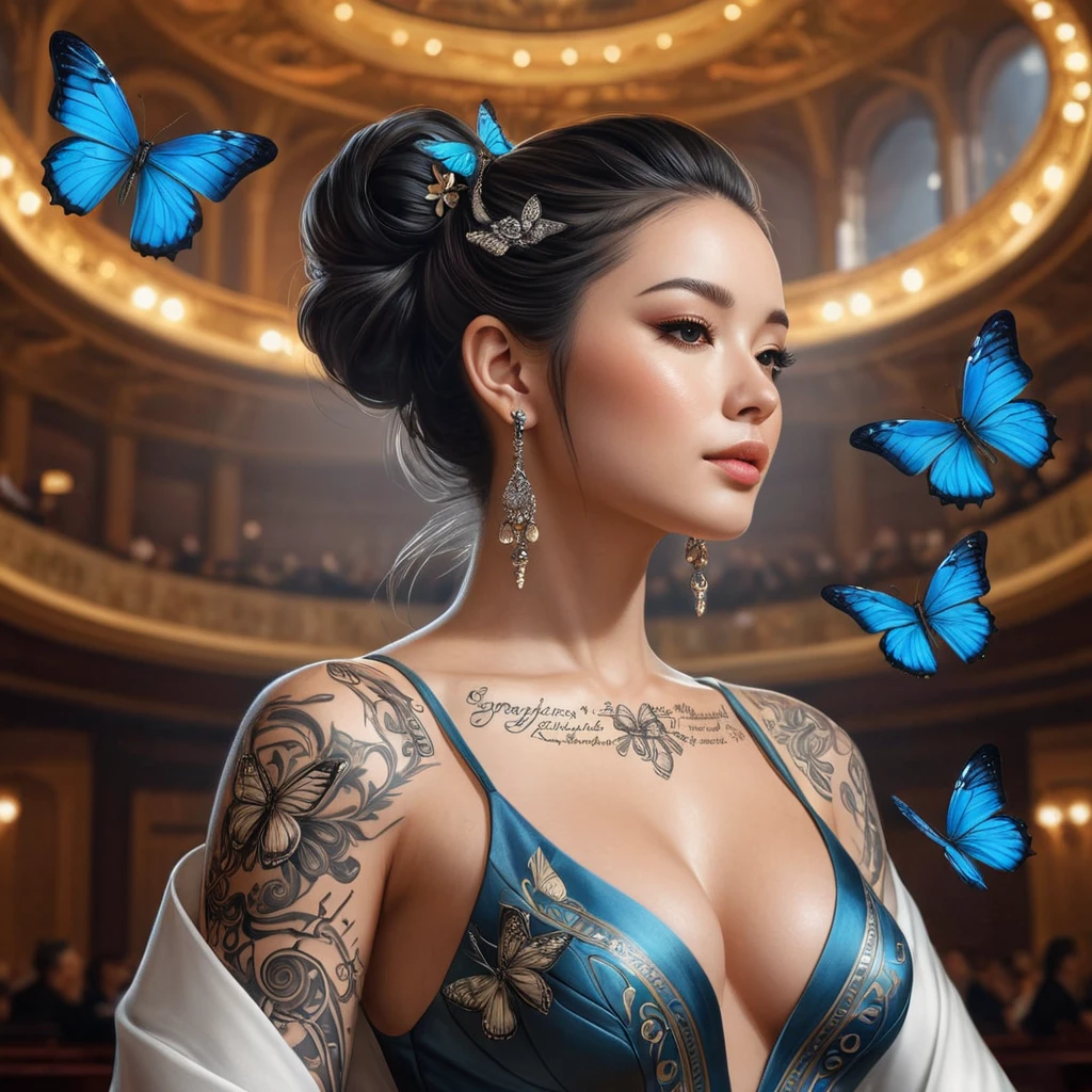 A majestic Sona with ancient script tattoos, standing in a grand concert hall, with her music notes transforming into butterflies that fill the air.