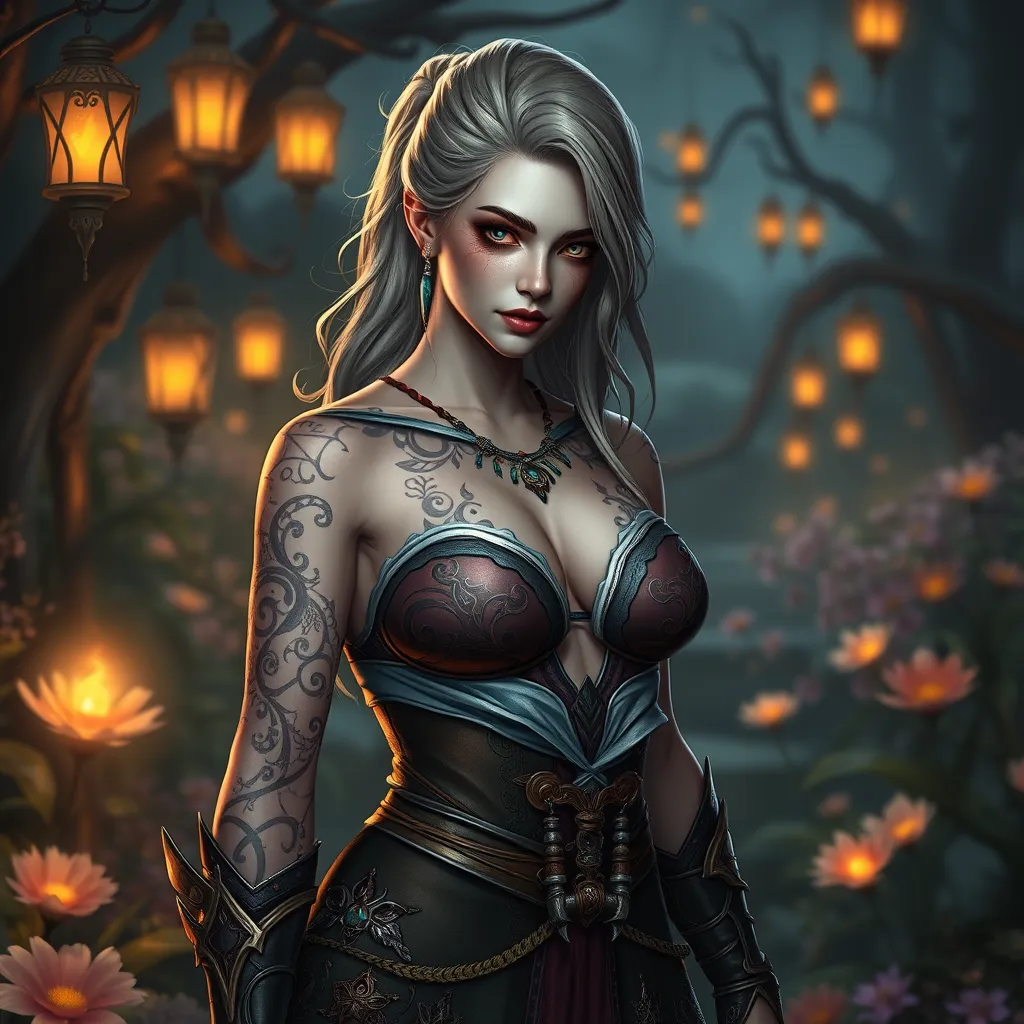 Triss Merigold, the fierce and beautiful sorceress from The Witcher 3, with tattoos that resemble magical runes and symbols, standing in a mystical garden with floating lanterns and glowing flowers, her presence exuding both strength and grace.