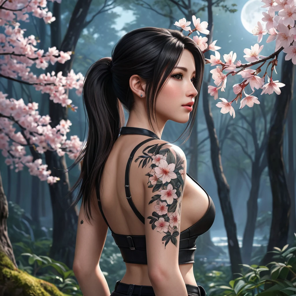 Tifa Lockhart with elegant, floral tattoos adorning her shoulders and upper back, standing in a serene, moonlit forest with cherry blossoms falling around her.