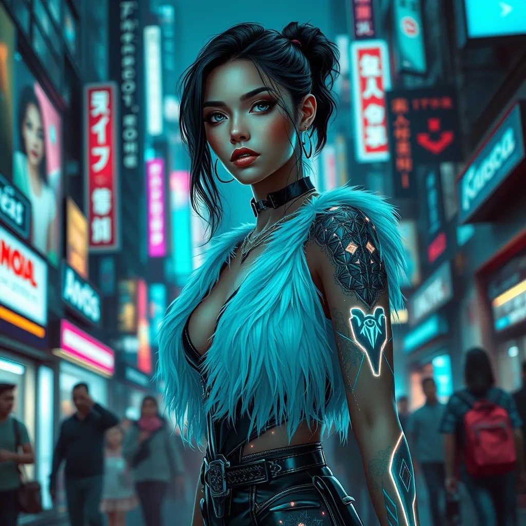 Sona, in a futuristic, cyber-leathered outfit with digital, animated tattoos that sync with her music, walking down a bustling, neon-lit street of a futuristic city, her eyes serene and focused as she navigates the crowd.