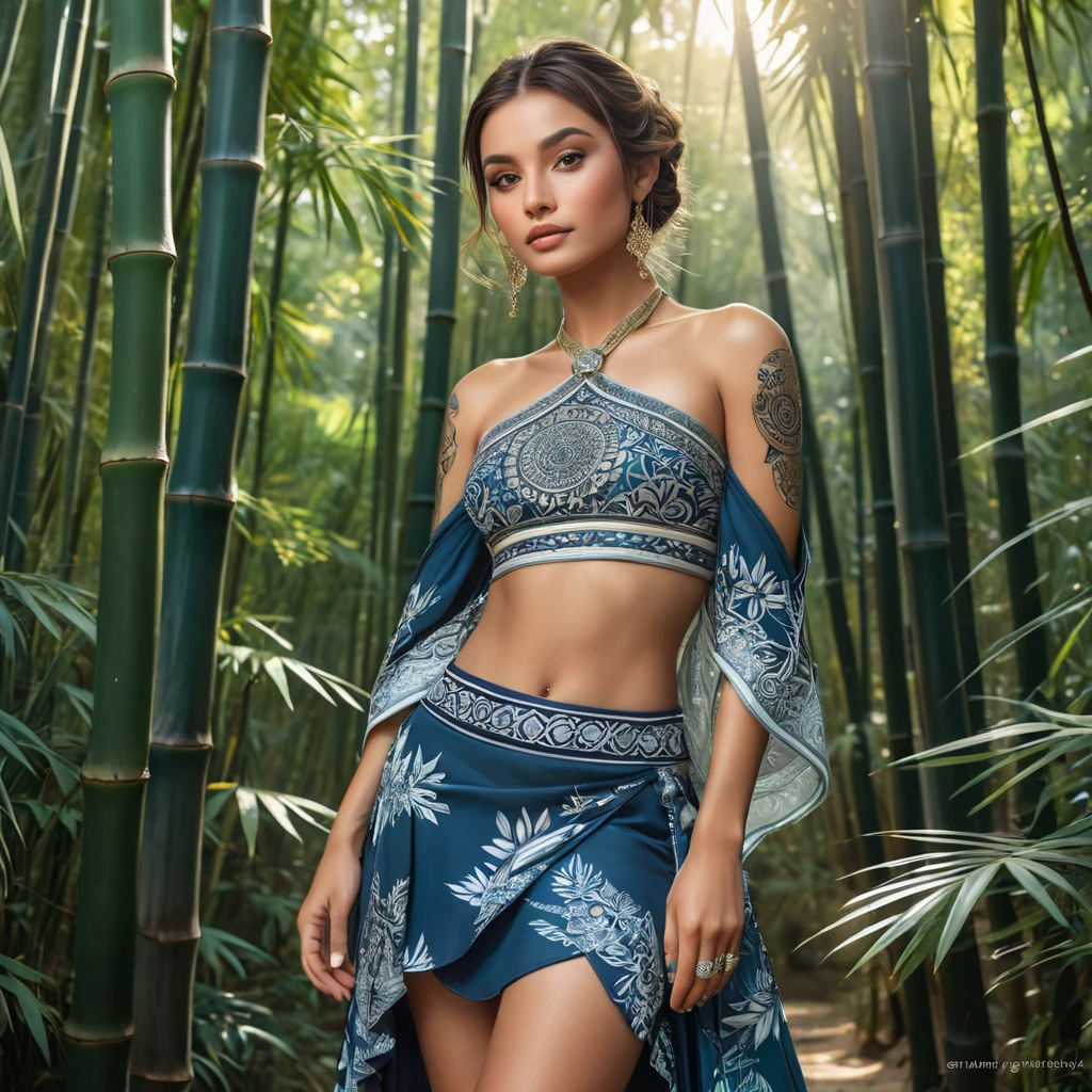 Sona, adorned with intricate, mandala-inspired tattoos that wrap around her legs and torso, dressed in a traditional, Ionian-style outfit with a flowing skirt, standing in a serene, bamboo forest with sunlight filtering through the leaves.