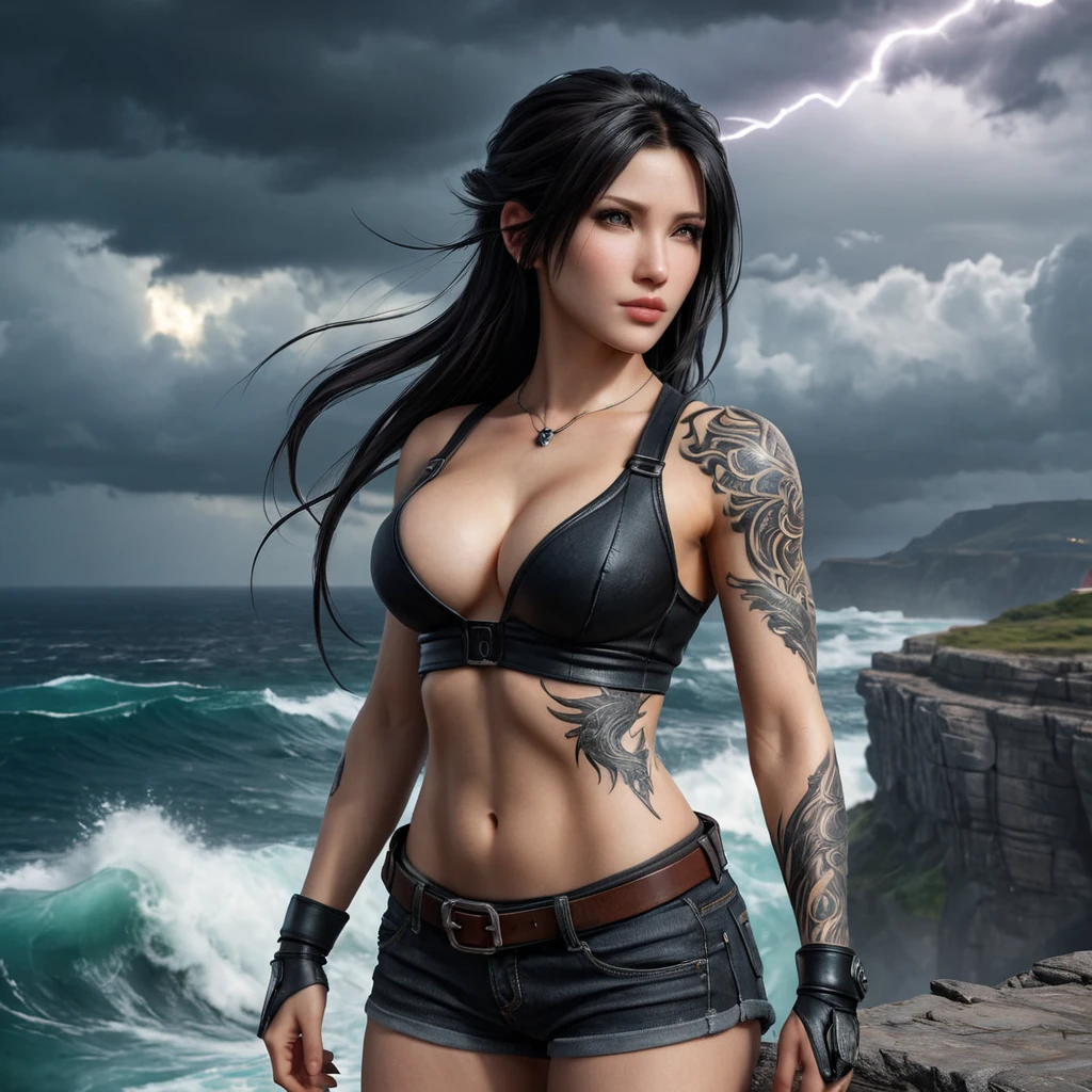 Tifa Lockhart with mystical, dragon-themed tattoos winding around her arms and chest, standing on a cliff overlooking a stormy sea, with lightning illuminating the sky.