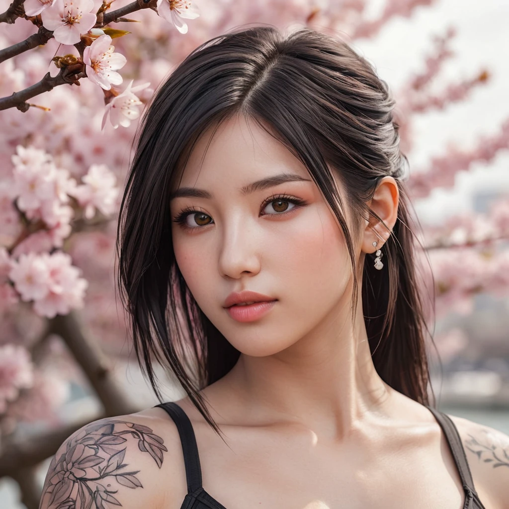 A close-up of Tifa Lockhart with delicate, watercolor-style tattoos on her face and neck, set against a soft, dreamy background of floating cherry blossoms.