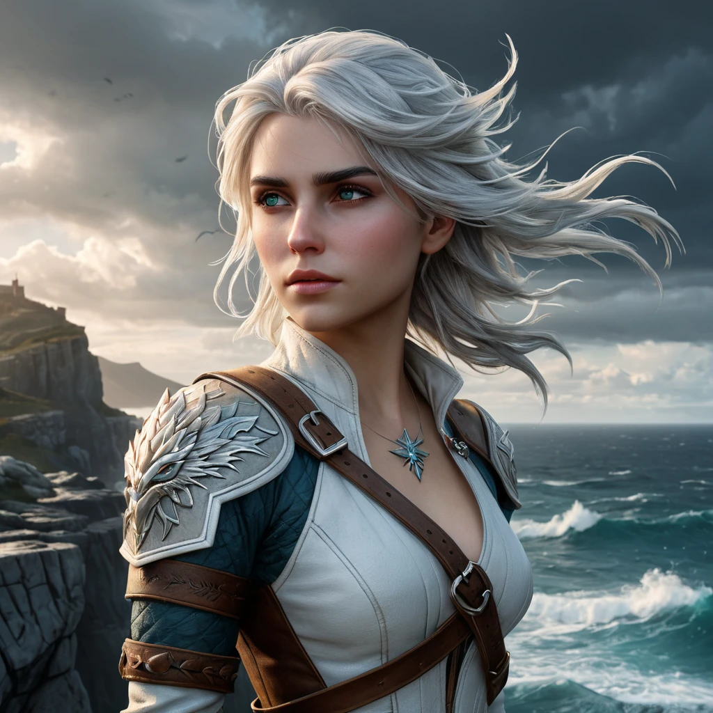 Ciri from The Witcher 3, adorned with mystical dragon tattoos that shimmer with ethereal light, standing on a cliff overlooking a stormy sea, wind blowing her hair, dramatic sky, ultra-detailed, 8K