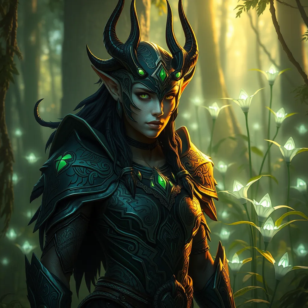 A majestic Vex with tribal-inspired tattoos, surrounded by a mystical forest with bioluminescent plants casting a soft glow on their armor.