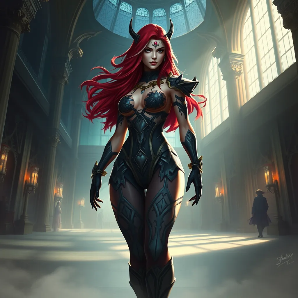 Katarina from League of Legends with bold, geometric tattoos resembling ancient Noxian symbols, standing in a grand hall filled with shadows, her presence commanding and powerful.