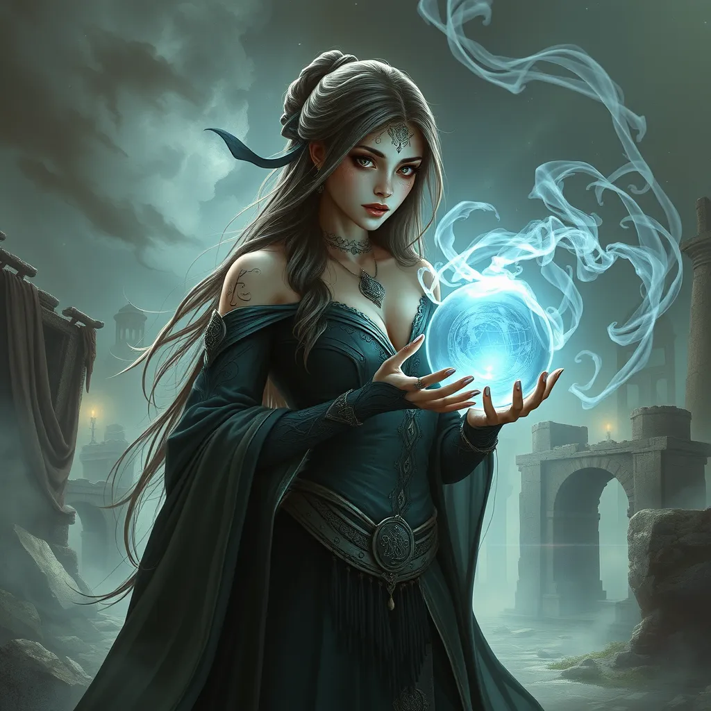 Katarina, a mysterious enchantress with mystical runes tattooed on her face and hands, surrounded by swirling mist and ancient ruins, holding a crystal ball that glows with inner light.