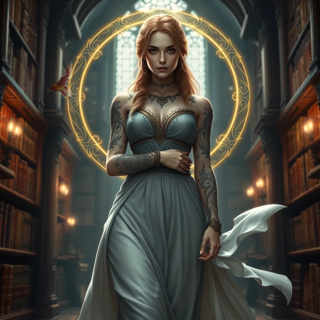 Triss Merigold, the beloved sorceress from The Witcher 3, with elegant tattoos that form a magical circle around her arms, standing in a grand library filled with ancient tomes, her dress flowing gracefully, and her eyes filled with wisdom and determination.