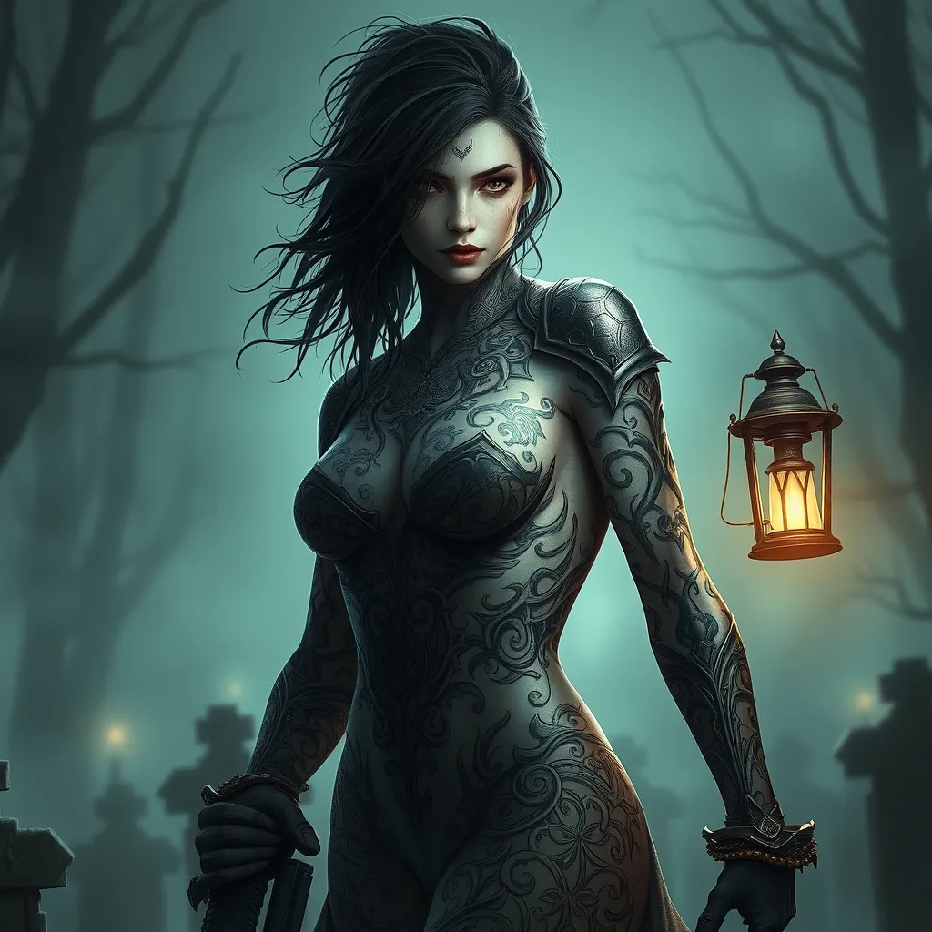 Vayne, the relentless tracker, her body marked with intricate, thorny tattoos that symbolize her relentless pursuit of justice, standing in a foggy graveyard with a lantern casting eerie light on her face.