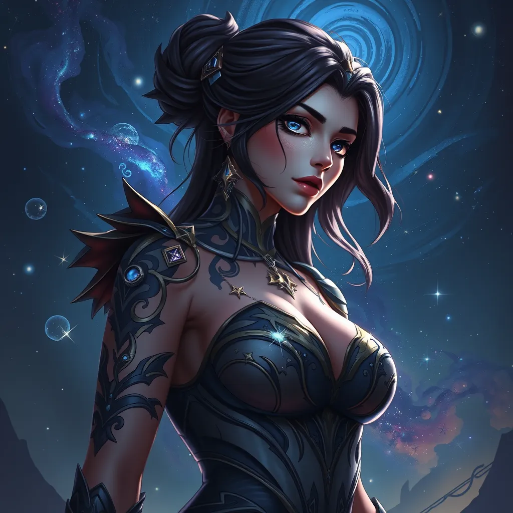 Fiora from League of Legends with celestial tattoos of stars and constellations on her shoulders and neck, standing under a night sky filled with swirling galaxies, her eyes reflecting the cosmic light.