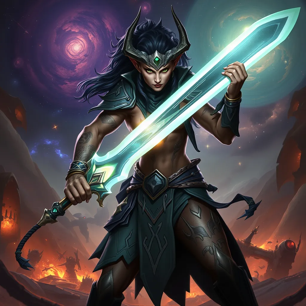 A fierce Vex warrior with dragon-themed tattoos, wielding a glowing energy sword, set against a backdrop of a cosmic battlefield with swirling galaxies.