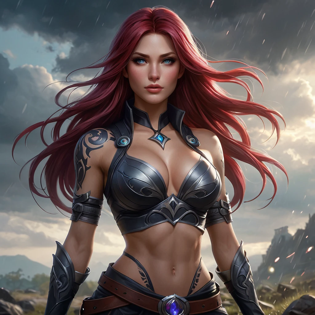 Katarina from League of Legends with dark, mystical tattoos that seem to move and shift, standing in a stormy battlefield, her aura radiating both fear and admiration.