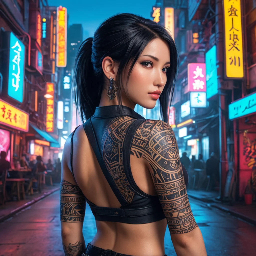 A stunning portrait of Tifa Lockhart with intricate tribal tattoos covering her arms and back, set against a vibrant, neon-lit cyberpunk cityscape.