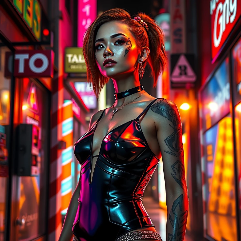 Katarina, a modern-day goddess with geometric tattoos that shimmer with metallic hues, wearing a sleek, futuristic outfit, standing in a neon-lit urban alley with holographic advertisements reflecting off her skin.