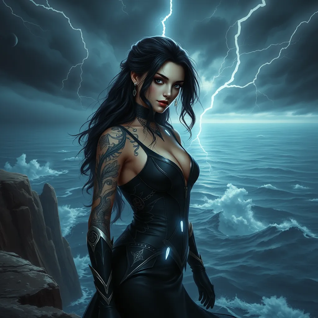 Yennefer with elegant, silver-lined tattoos that depict scenes of arcane rituals, dressed in a sleek, form-fitting outfit, standing on a cliff overlooking a stormy sea, lightning illuminating her face.