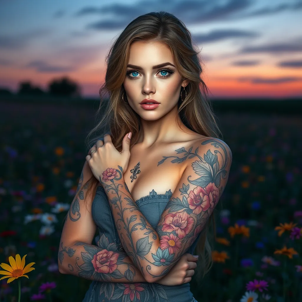 Katarina, a striking woman with mesmerizing blue eyes, adorned with intricate floral tattoos that cascade down her arms like blooming vines, standing amidst a field of vibrant wildflowers under a twilight sky.