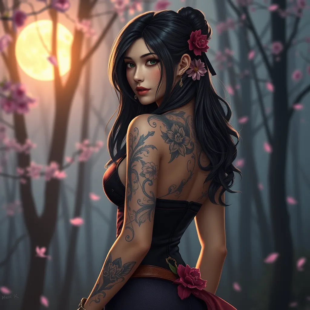 Tifa Lockhart with elegant, floral tattoos adorning her shoulders and upper back, standing in a serene, moonlit forest with cherry blossoms falling around her.