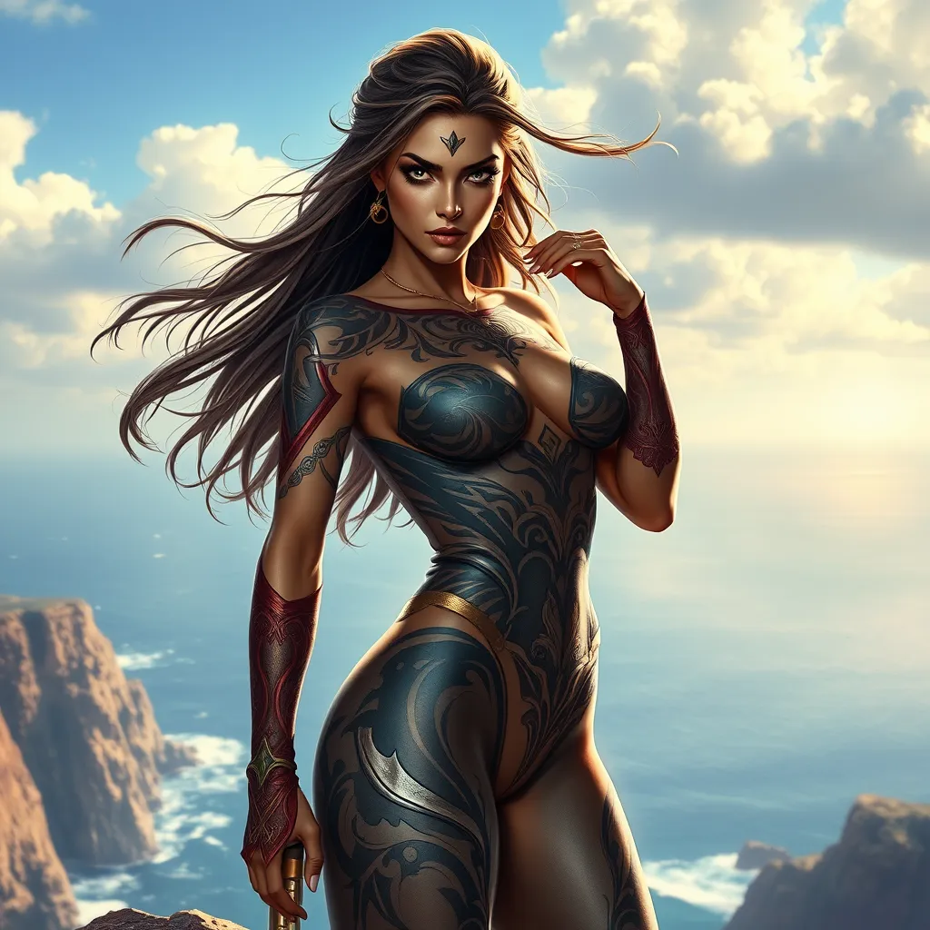 Fiora, the elegant fighter with a fierce gaze, her body covered in bold, tribal tattoos that tell the story of her battles, standing on a cliff overlooking a vast ocean, the wind blowing through her hair.