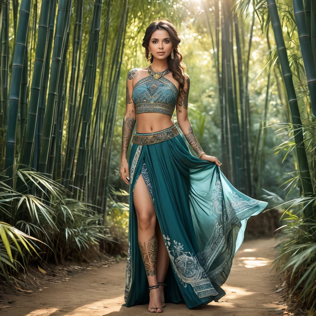 Sona, adorned with intricate, mandala-inspired tattoos that wrap around her legs and torso, dressed in a traditional, Ionian-style outfit with a flowing skirt, standing in a serene, bamboo forest with sunlight filtering through the leaves.