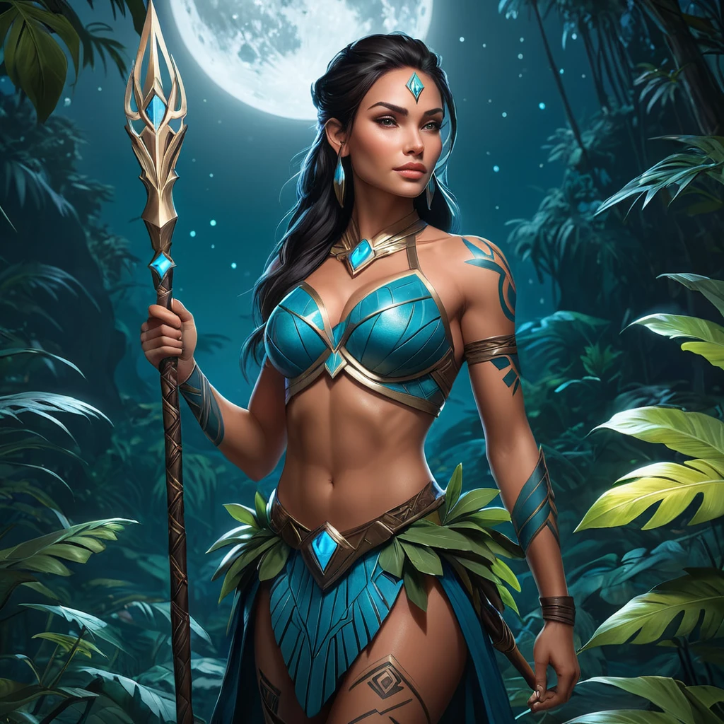 Nidalee, the warrior queen, with bold, geometric tattoos that symbolize her strength and connection to the wild, standing in a moonlit jungle with bioluminescent plants glowing around her, her spear held high.