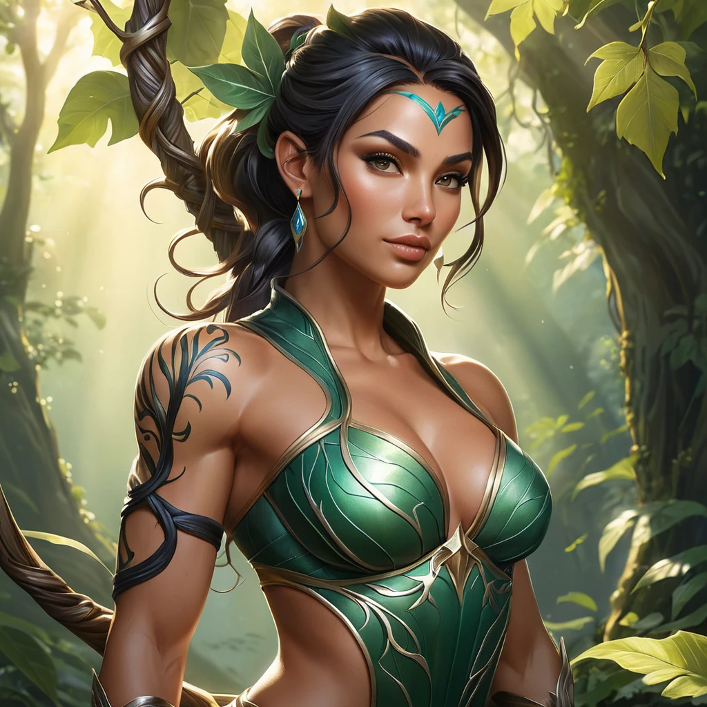 A majestic Nidalee with elegant, flowing tattoos that resemble vines and leaves, intertwined with her muscular physique, standing in a sunlit clearing with rays of light piercing through the canopy, her bow drawn and ready.