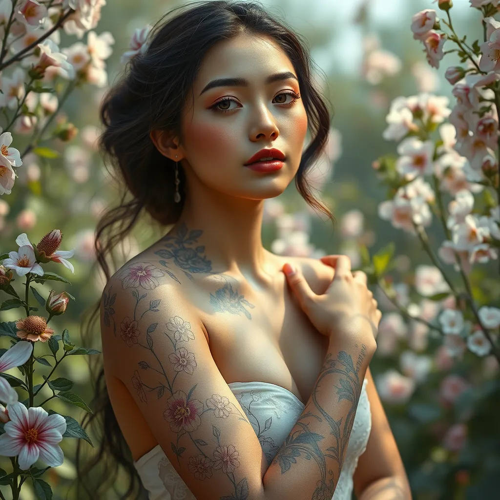 Samira, with delicate floral tattoos winding around her arms and neck, is portrayed in a tranquil garden. The flowers in her tattoos mirror the real blossoms around her, creating a harmonious blend of art and nature.