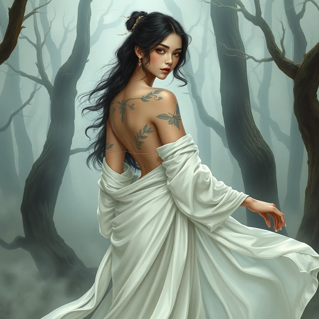 Sona, with delicate, feather-like tattoos that flutter across her shoulders and down her spine, dressed in a flowing, white silk robe, standing in a misty, enchanted forest with ghostly trees surrounding her.