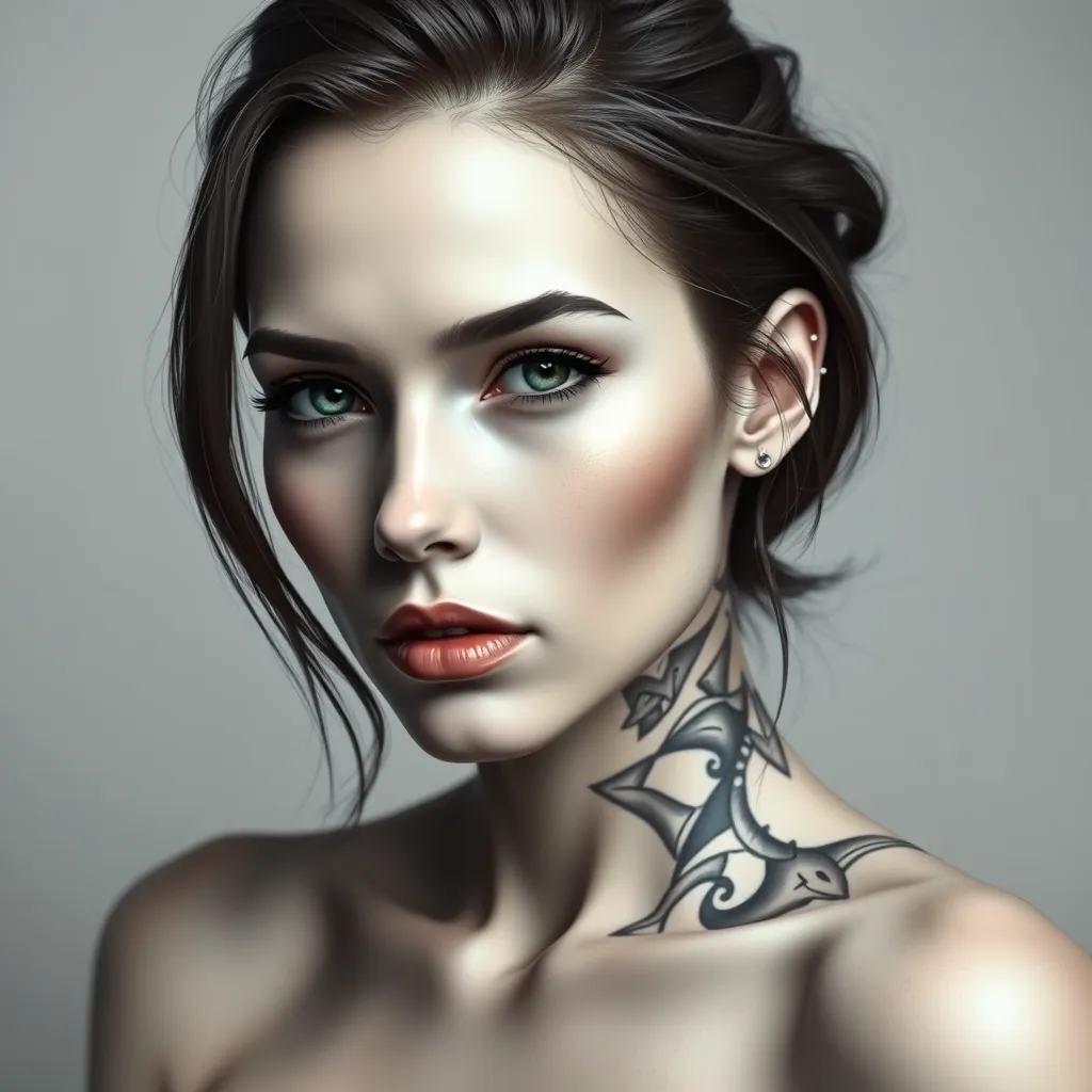 A close-up of Quinn's face, her features delicate yet strong, with tattoos that weave around her neck and jawline, creating a striking contrast against her smooth, porcelain skin, set against a minimalist, monochrome background.