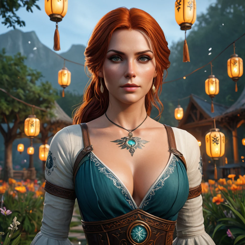 Triss Merigold, the fierce and beautiful sorceress from The Witcher 3, with tattoos that resemble magical runes and symbols, standing in a mystical garden with floating lanterns and glowing flowers, her presence exuding both strength and grace.