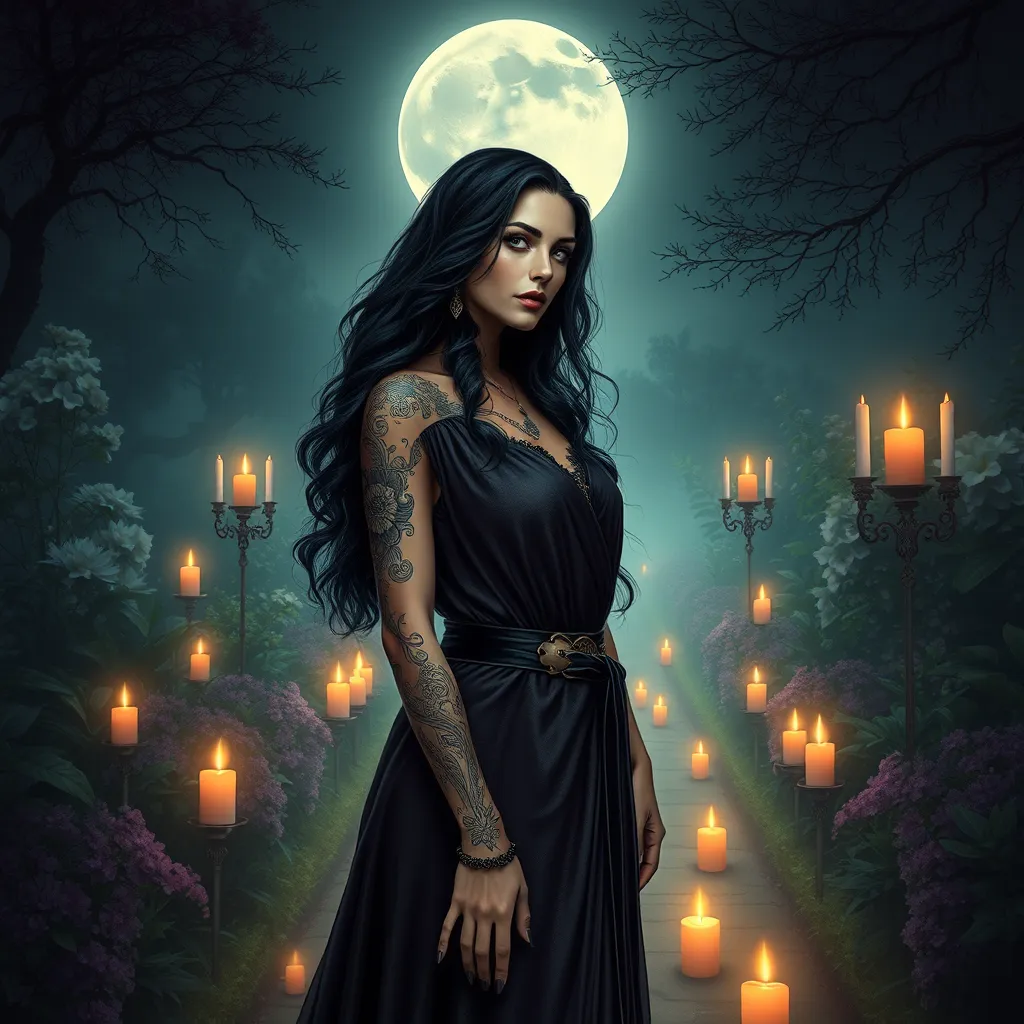 Yennefer with delicate, floral tattoos that intertwine with magical symbols, dressed in a luxurious, velvet robe, standing in a serene garden with floating candles and a full moon overhead, her presence exuding both power and grace.