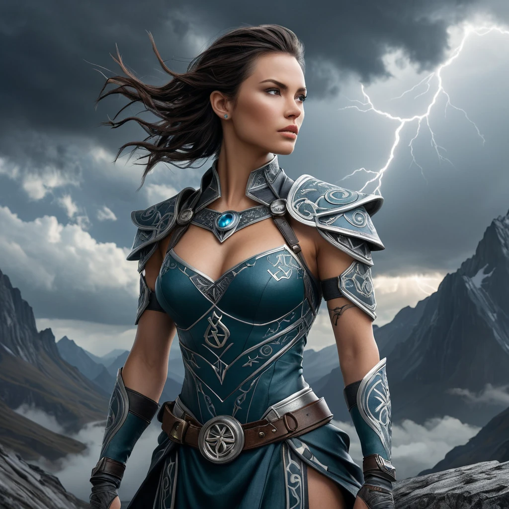 A powerful Vex with ancient rune tattoos, standing atop a mountain peak, with storm clouds brewing in the background and lightning striking around them.