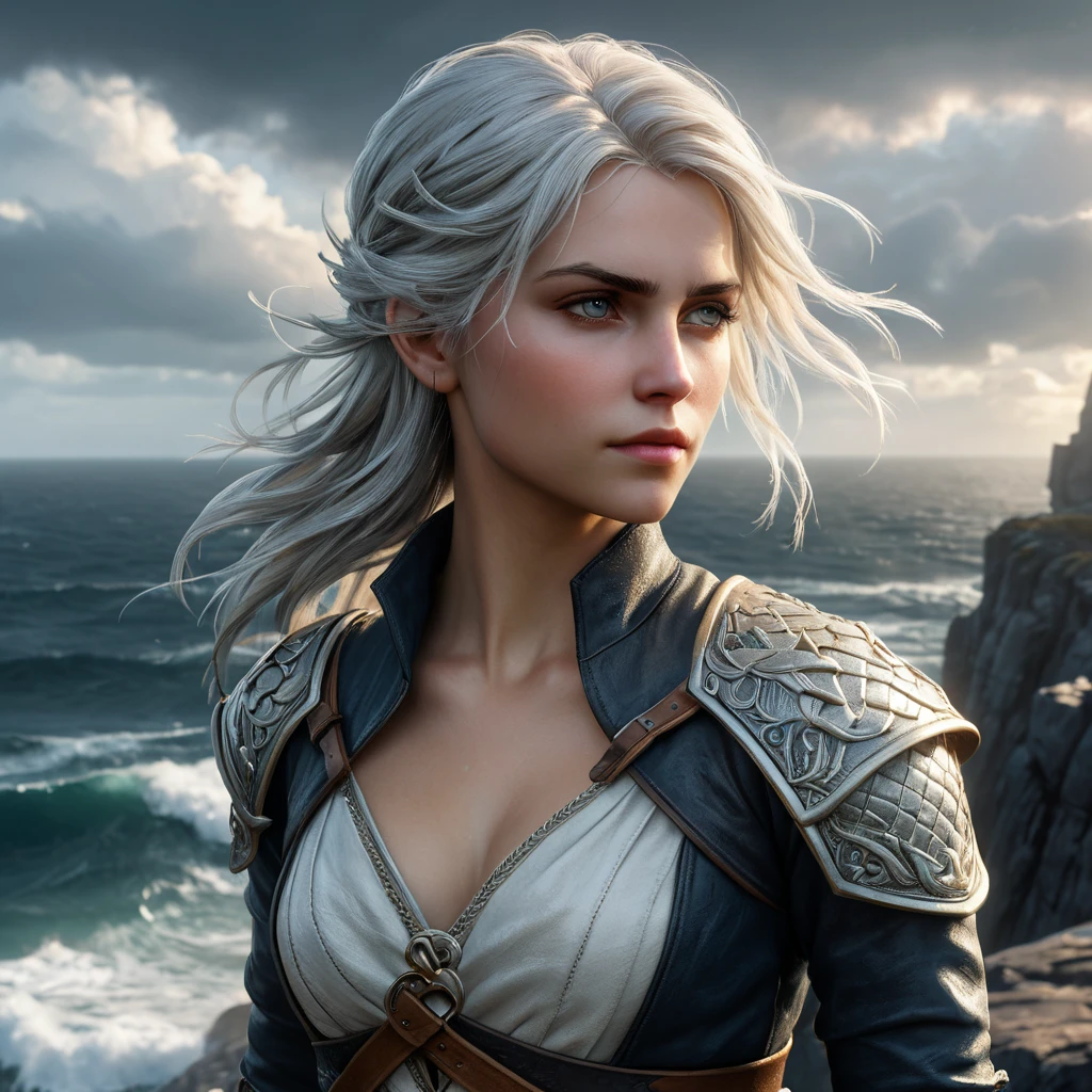 Ciri from The Witcher 3, adorned with mystical dragon tattoos that shimmer with ethereal light, standing on a cliff overlooking a stormy sea, wind blowing her hair, dramatic sky, ultra-detailed, 8K