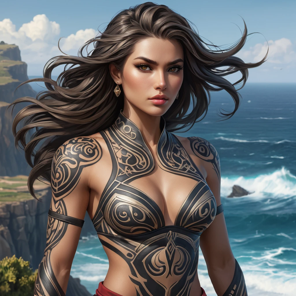 Fiora, the elegant fighter with a fierce gaze, her body covered in bold, tribal tattoos that tell the story of her battles, standing on a cliff overlooking a vast ocean, the wind blowing through her hair.