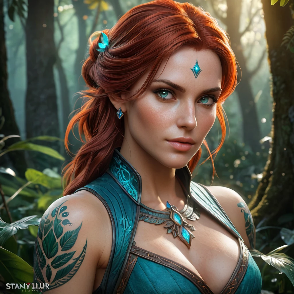 Triss Merigold, the enchanting sorceress from The Witcher 3, adorned with intricate magical tattoos that glow with arcane energy, standing in a mystical forest with bioluminescent plants, her red hair flowing like flames, and her eyes shimmering with ancient knowledge.