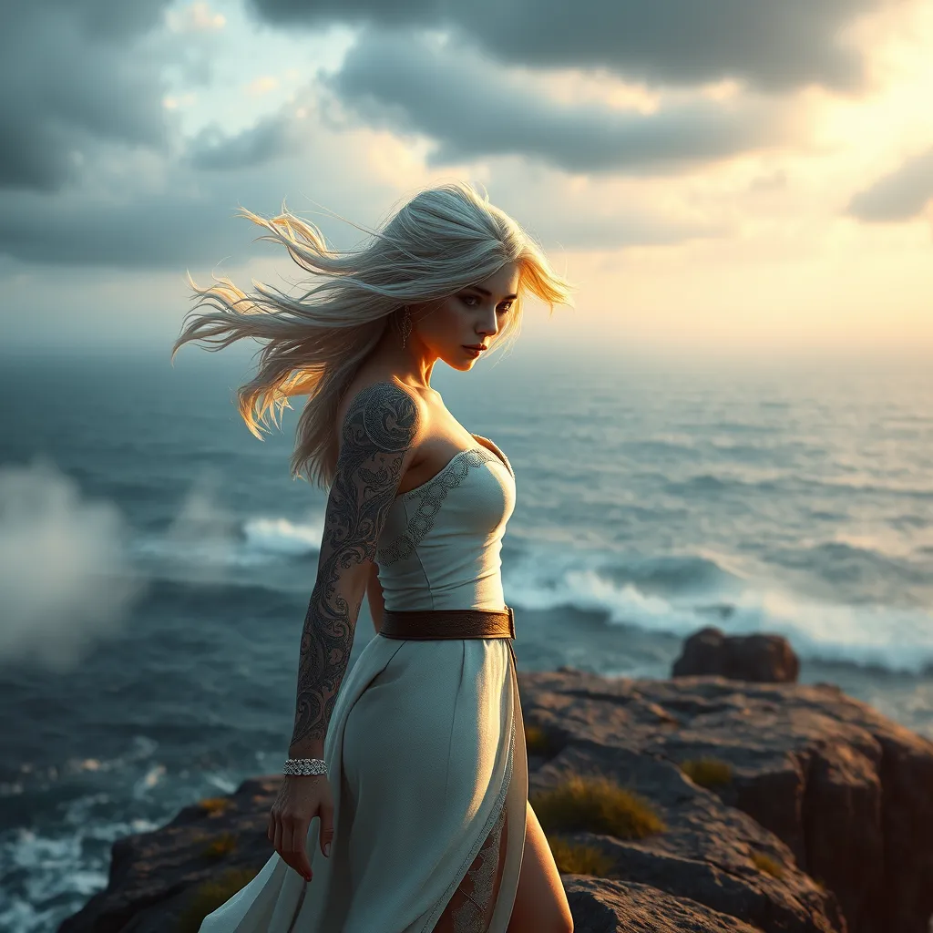 Ciri from The Witcher 3, adorned with mystical dragon tattoos that shimmer with ethereal light, standing on a cliff overlooking a stormy sea, wind blowing her hair, dramatic sky, ultra-detailed, 8K