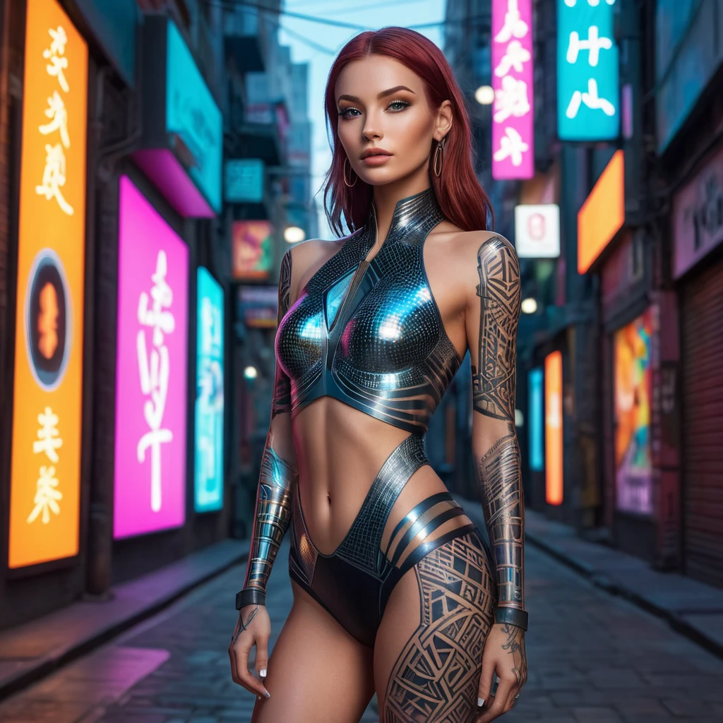 Katarina, a modern-day goddess with geometric tattoos that shimmer with metallic hues, wearing a sleek, futuristic outfit, standing in a neon-lit urban alley with holographic advertisements reflecting off her skin.