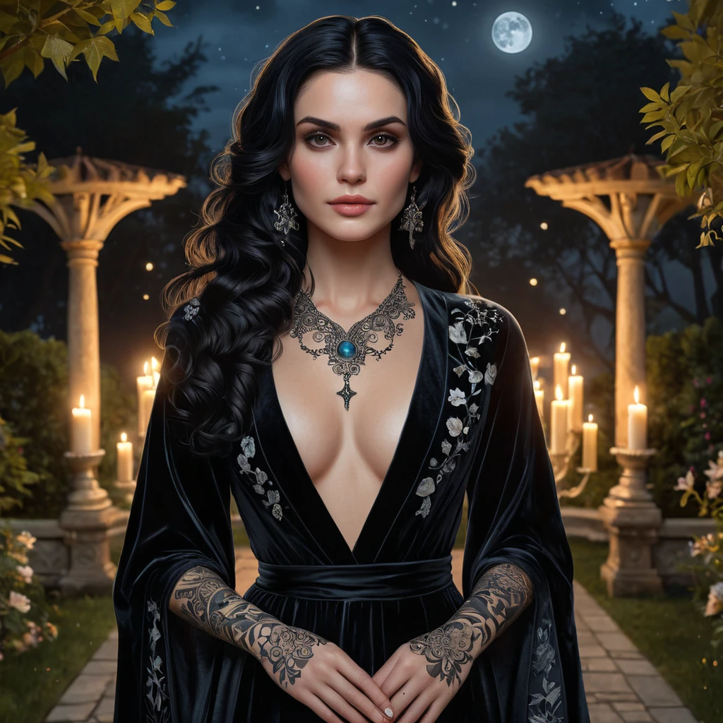 Yennefer with delicate, floral tattoos that intertwine with magical symbols, dressed in a luxurious, velvet robe, standing in a serene garden with floating candles and a full moon overhead, her presence exuding both power and grace.