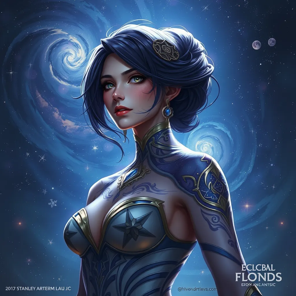 Fiora from League of Legends with celestial tattoos of stars and constellations on her shoulders and neck, standing under a night sky filled with swirling galaxies, her eyes reflecting the cosmic light.