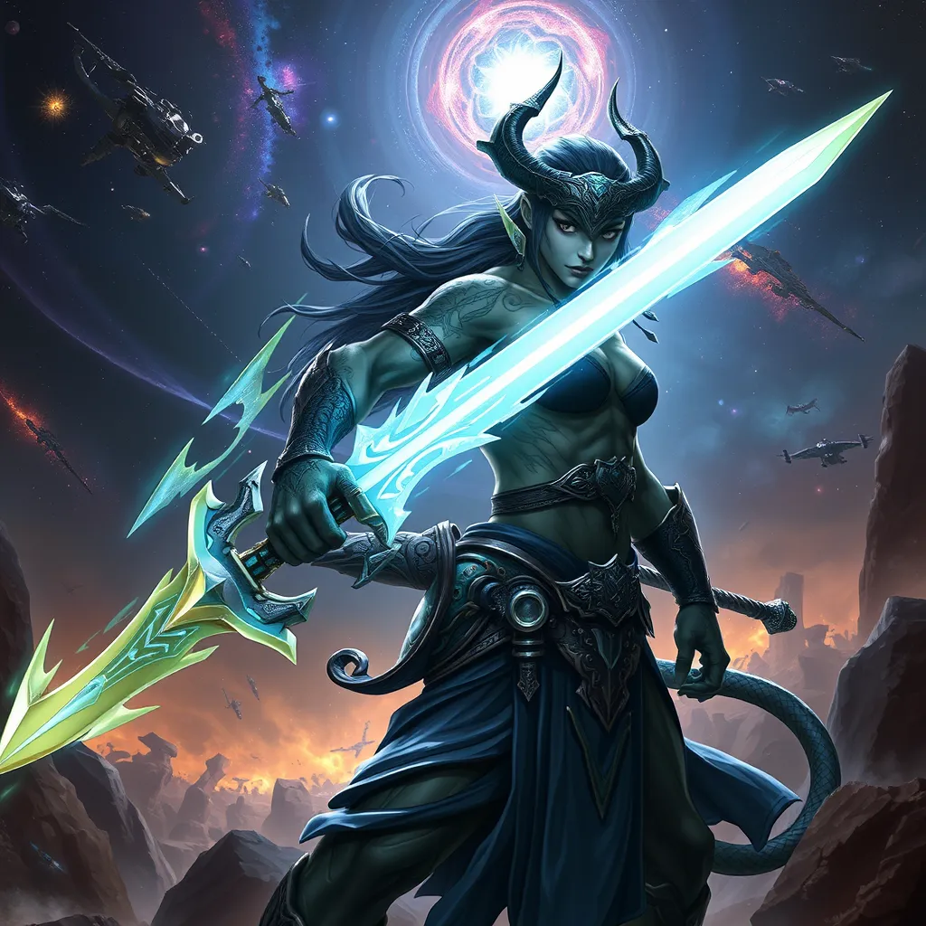 A fierce Vex warrior with dragon-themed tattoos, wielding a glowing energy sword, set against a backdrop of a cosmic battlefield with swirling galaxies.