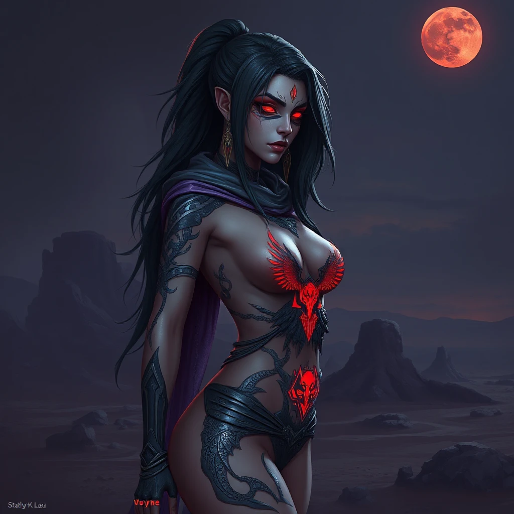 Vayne, the nightstalker, her body decorated with bold, tribal tattoos that glow faintly in the dark, standing in a desolate wasteland under a blood-red moon.