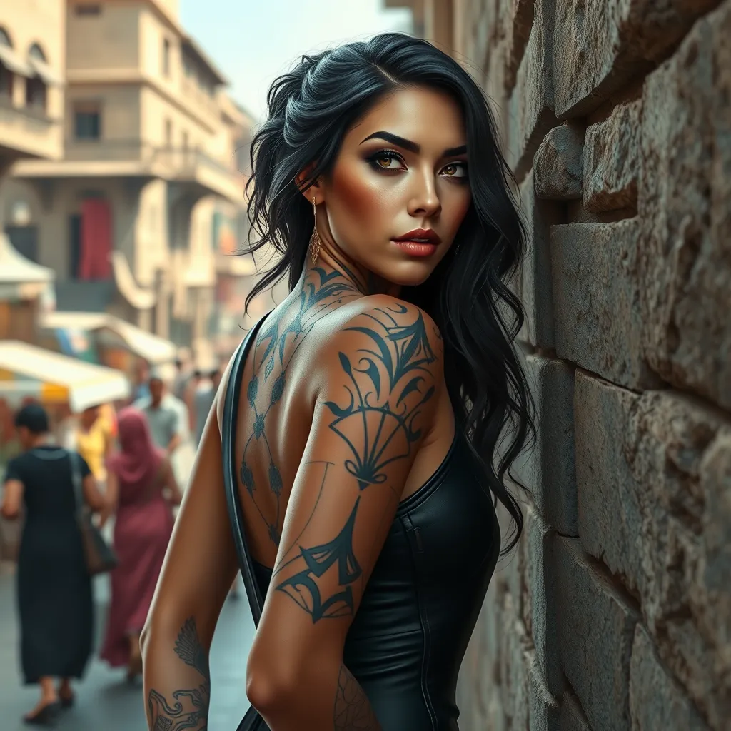 Sona, sporting bold, geometric tattoos that trace the contours of her face and neck, wearing a sleek, black bodysuit with her etwahl strapped to her back, leaning against a stone wall in a bustling, ancient marketplace.