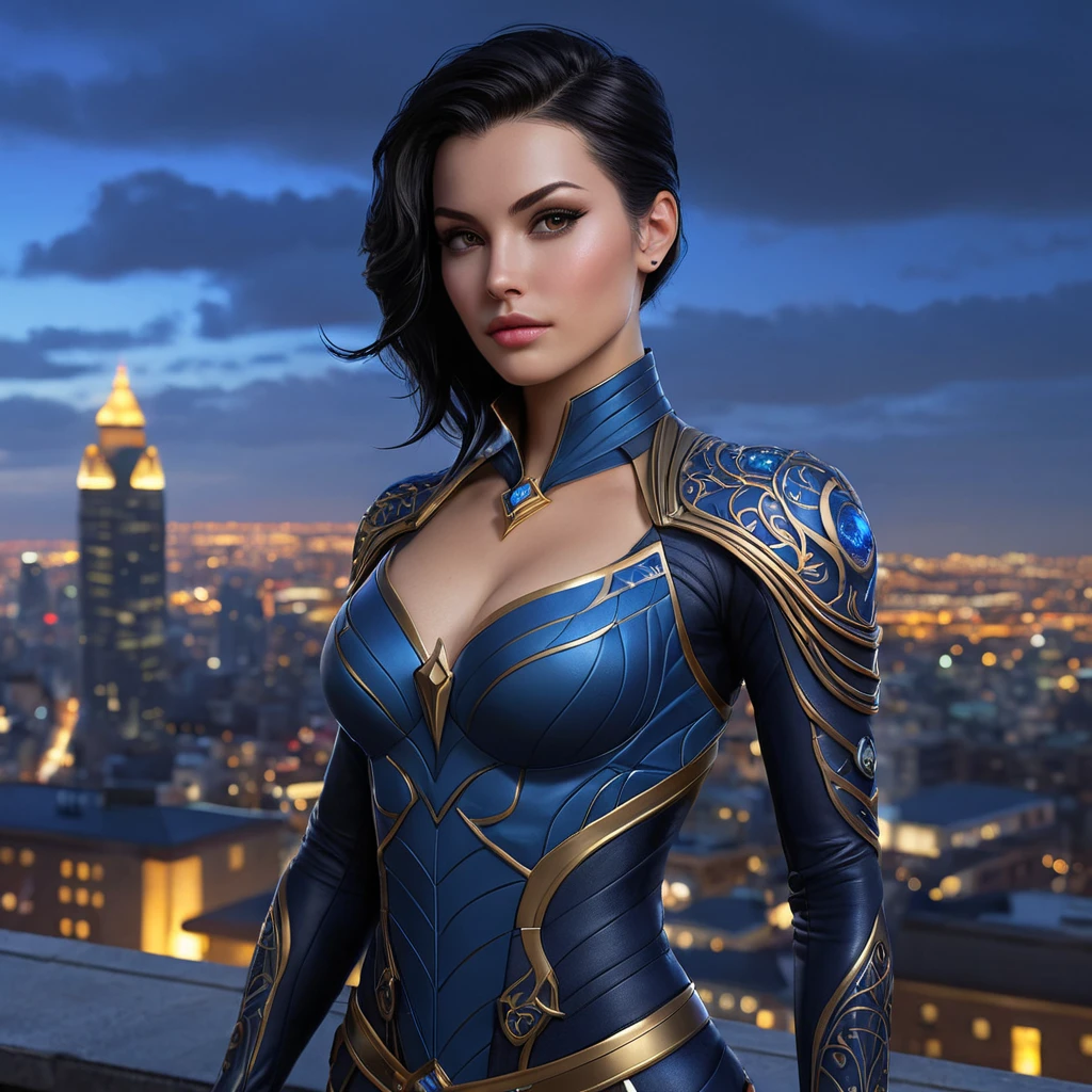 Vayne, the vigilant hunter, her skin adorned with intricate, celestial tattoos that reflect her connection to the night sky, standing on a rooftop overlooking a bustling city at dusk.