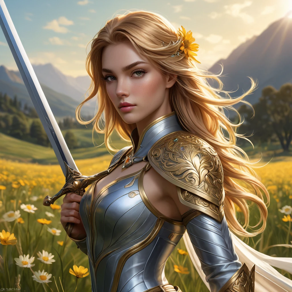 Fiora, the graceful duelist with flowing golden hair, adorned with intricate floral tattoos that bloom like wildflowers across her arms and back, standing in a sunlit meadow with a sword in hand, her eyes sharp and determined.