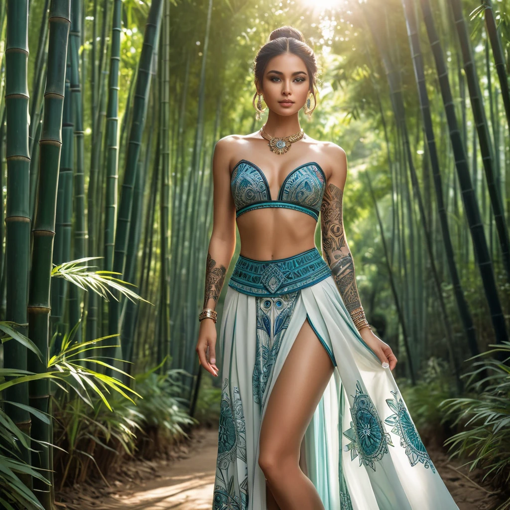 Sona, adorned with intricate, mandala-inspired tattoos that wrap around her legs and torso, dressed in a traditional, Ionian-style outfit with a flowing skirt, standing in a serene, bamboo forest with sunlight filtering through the leaves.