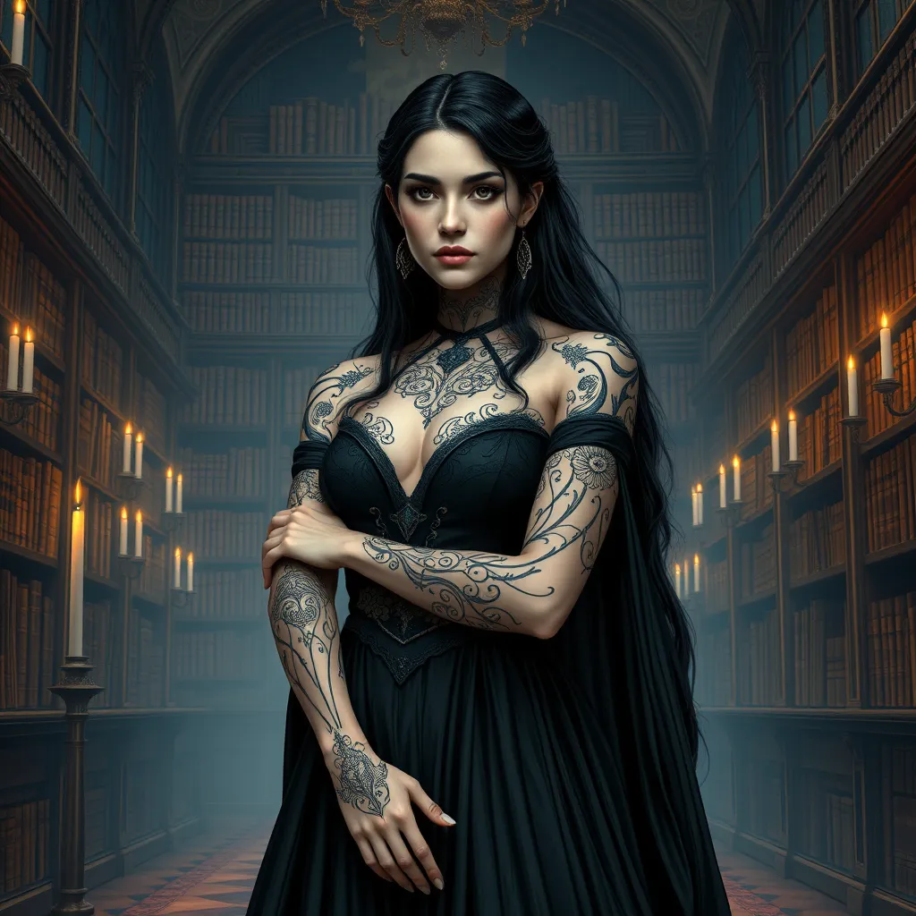 Yennefer with detailed, dark ink tattoos that form a complex pattern across her arms and neck, wearing a regal, flowing black gown, standing in a grand, candlelit library filled with ancient tomes.