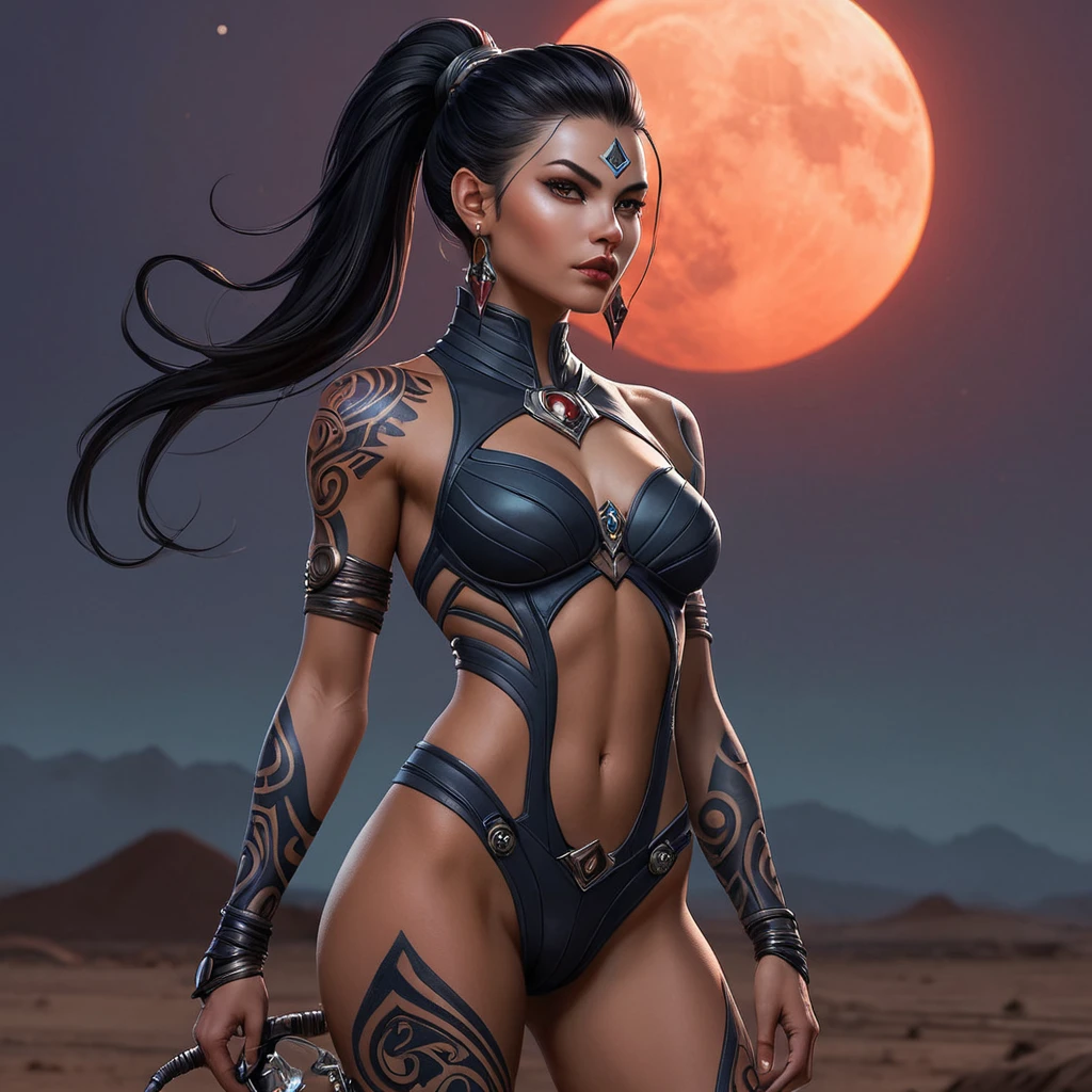 Vayne, the nightstalker, her body decorated with bold, tribal tattoos that glow faintly in the dark, standing in a desolate wasteland under a blood-red moon.