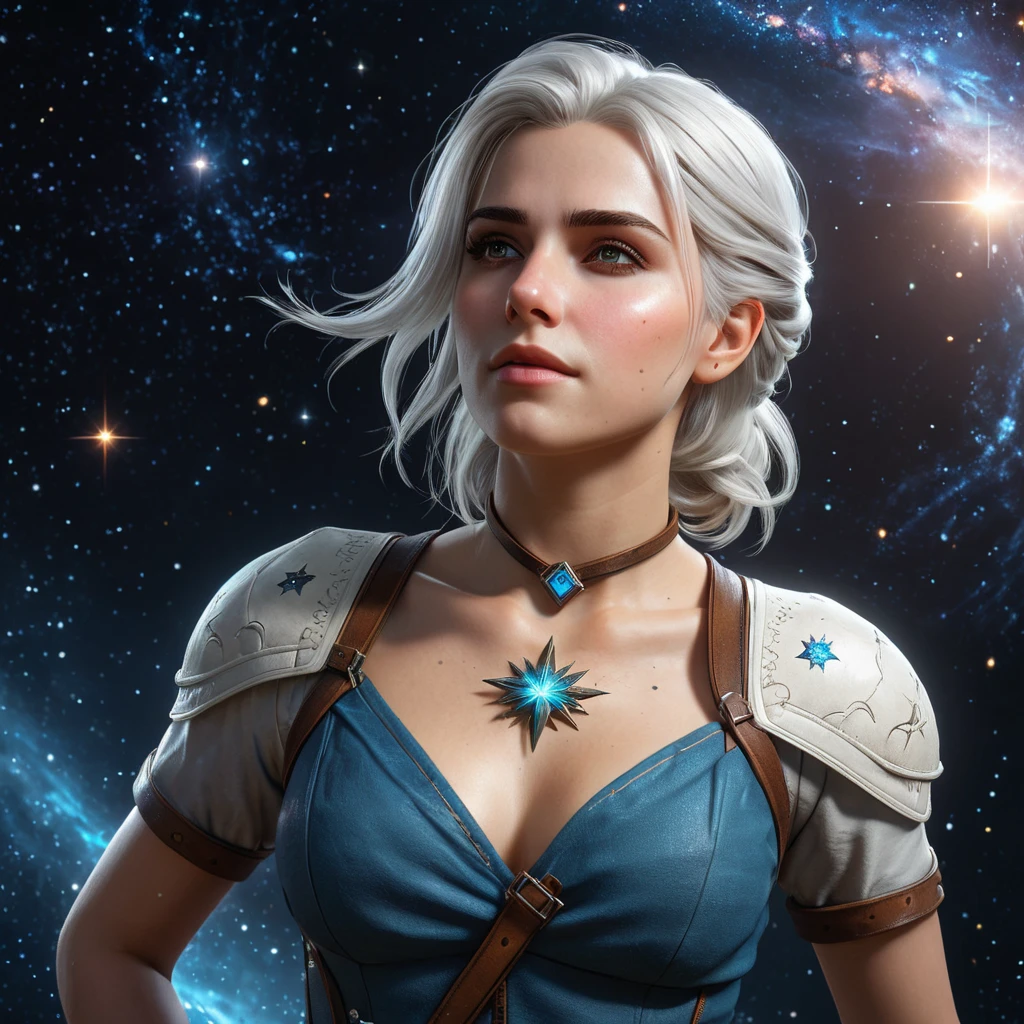 Ciri from The Witcher 3, with celestial tattoos representing stars and constellations, floating in a cosmic void with galaxies swirling around her, soft ethereal glow, ultra-detailed, 8K